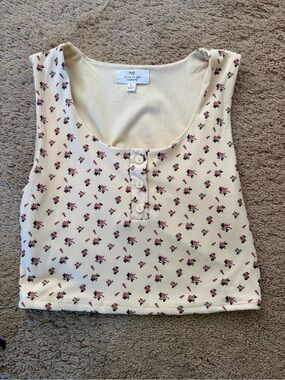 Cream Floral Ribbed Tank Top
